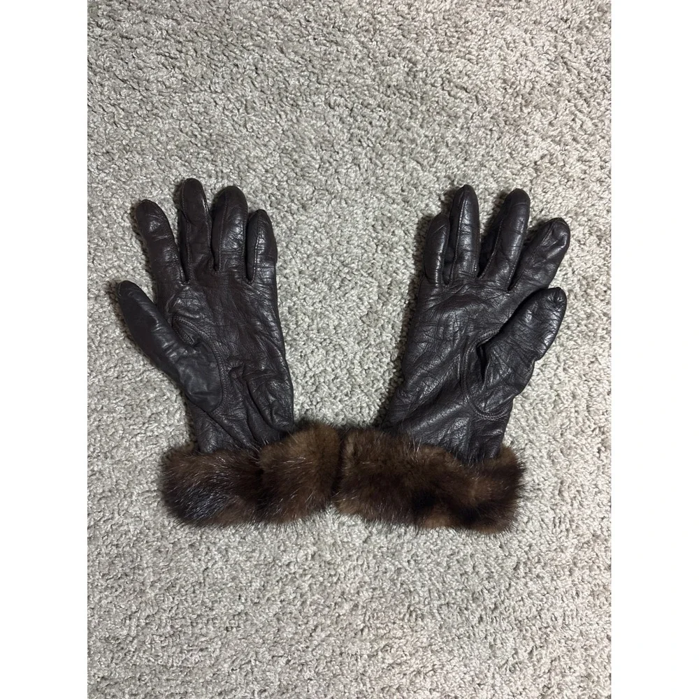 Vintage Brown Leather Gloves Real Fur Trim 100% Wool Lined Made in Hungary